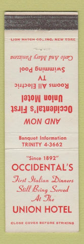 Matchbook Cover - Union Hotel  Italian Restaurant Occidental