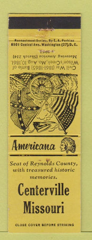Matchbook Cover - Centerville MO Perkins Americana Reynolds County yellow