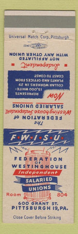 Matchbook Cover - Federation of Westinghouse Unions Pittsburgh PA