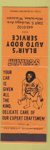 Matchbook Cover - Blair's Auto Body Milwaukee WI caveman orange