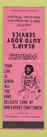 Matchbook Cover - Blair's Auto Body Milwaukee WI caveman salmon