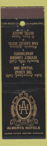 Matchbook Cover - Alberts Hotels Lake Arrowhead Beverly Hills CA Phoenix El Paso