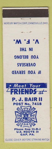 Matchbook Cover - VFW PJ Bair II Gap PA