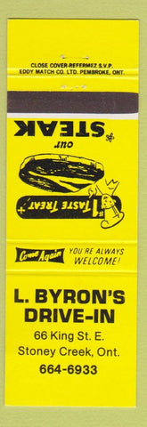 Matchbook Cover - L Byron's Drive In Stoney Creek ON