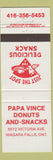 Matchbook Cover - Papa Vince Donuts Snacks Niagara Falls ON