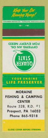 Matchbook Cover - Quaker State oil gas Moraine Fishing Camping Prospect PA