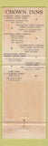 Matchbook Cover - Crown Inns Charlotte Fayetteville Jacksonville N CWEAR