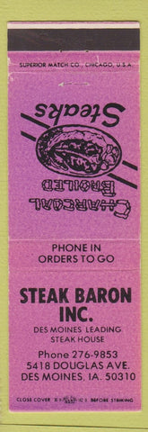 Matchbook Cover - Steak Baron Restaurant Des Moines IA