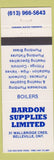 Matchbook Cover - Bardon Supplies Limited Belleville ON boilers