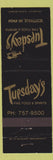 Matchbook Cover - Tuesday's Restaurant Scottville MI
