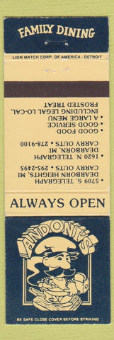 Matchbook Cover - And Oni's Dearborn Heights MI
