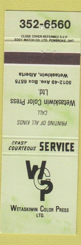 Matchbook Cover - Wetaskiwin Color Press Printing AB green