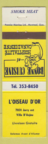 Matchbook Cover - L'oiseau D'or Restaurant Ville D Anjou QC