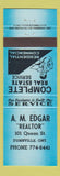 Matchbook Cover - AM Edgar Realtor Dunnville ON blue