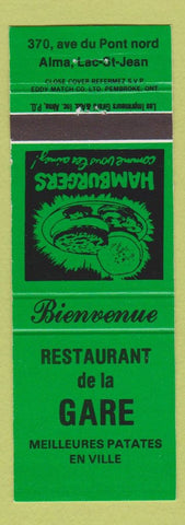 Matchbook Cover - Restaurant De LA Gare Alma Lac St Jean QC? Green