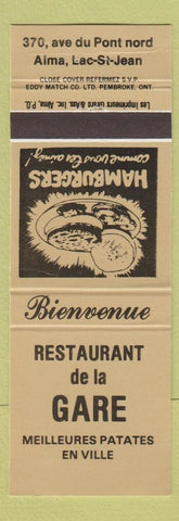Matchbook Cover - REstaurant De LA Gare Alma Lac St Jean QC? Gold