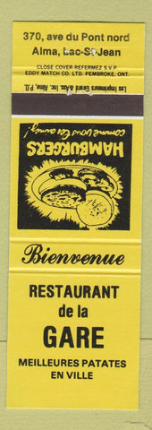 Matchbook Cover - Restaurant De LA Gare Alma Lac St Jean QC? Yellow