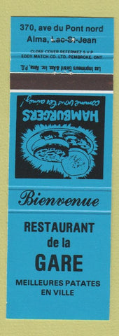 Matchbook Cover - Restaurant De LA Gare Alma Lac St Jean QC? Blue