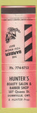 Matchbook Cover - Hunter's Beauty Salon Barber Shop Dunnville ON red