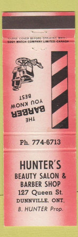 Matchbook Cover - Hunter's Beauty Salon Barber Shop Dunnville ON red