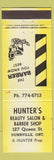 Matchbook Cover - Hunter's Beauty Salon Barber Shop Dunnville ON yellow WEAR
