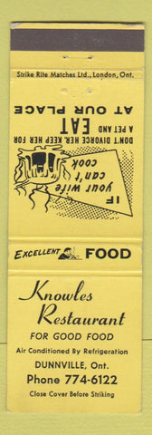 Matchbook Cover - Knowles Restaurant Dunnville ON yellow