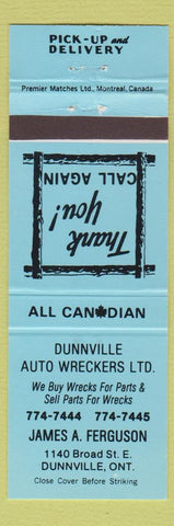 Matchbook Cover - Dunnville Auto Wreckers Dunnville ON blue
