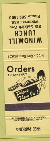 Matchbook Cover - Windmill Lunch Winnipeg MB yellow