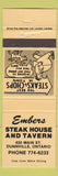 Matchbook Cover - Embers Steak House Dunnville ON peach