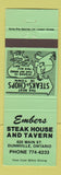 Matchbook Cover - Embers Steak House Dunnville ON green