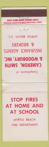 Matchbook Cover - Cameron Smith Woodbury Insurance Myrtle Beach SC Fire Dept