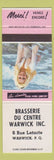 Matchbook Cover - Brasserie Du Centre Warwick QC pinup