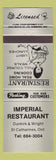 Matchbook Cover - Imperial Restaurant St Catharines ON grey