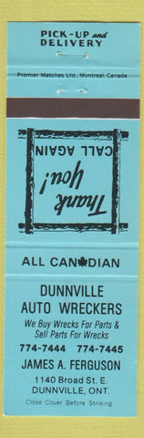 Matchbook Cover - Dunnville Auto Wreckers ON blue