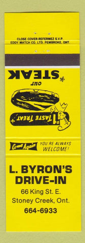 Matchbook Cover - L Byron's Drive In Stoney Creek ON yellow