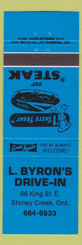Matchbook Cover - L Byron's Drive In Stoney Creek ON blue