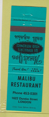 Matchbook Cover - Malibu Restaurant London ON teal