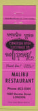 Matchbook Cover - Malibu Restaurant London ON pink