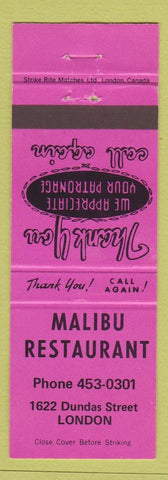Matchbook Cover - Malibu Restaurant London ON pink