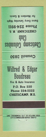 Matchbook Cover - Boudreau Insurance Cheticamp NS Columbus Club green