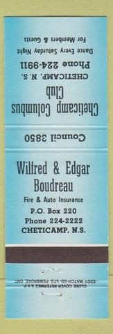 Matchbook Cover - Boudreau Insurance Cheticamp NS Columbus Club blue
