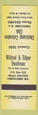 Matchbook Cover - Boudreau Insurance Cheticamp NS Columbus Club yellow
