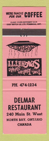 Matchbook Cover - Delmar Restaurant North Bay ON red