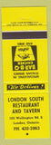 Matchbook Cover - London South Restaurant London ON yellow
