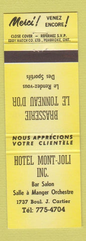 Matchbook Cover - Brasserie Le Tonneau Hotel Mont Joli Port Cartier QC yellow
