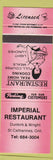 Matchbook Cover - Imperial Restaurant St Catharines ON red