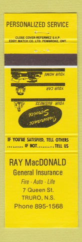 Matchbook Cover - Ray MacDonald Insurance Truro NS yellow