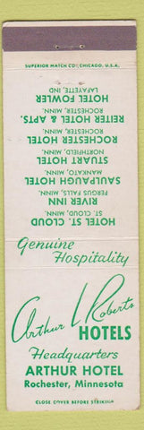 Matchbook Cover - Arthur L Roberts Hotels Arthur Hotel Rochester MN