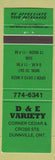 Matchbook Cover - D&E Variety Dunnville ON green