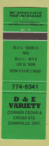 Matchbook Cover - D&E Variety Dunnville ON green